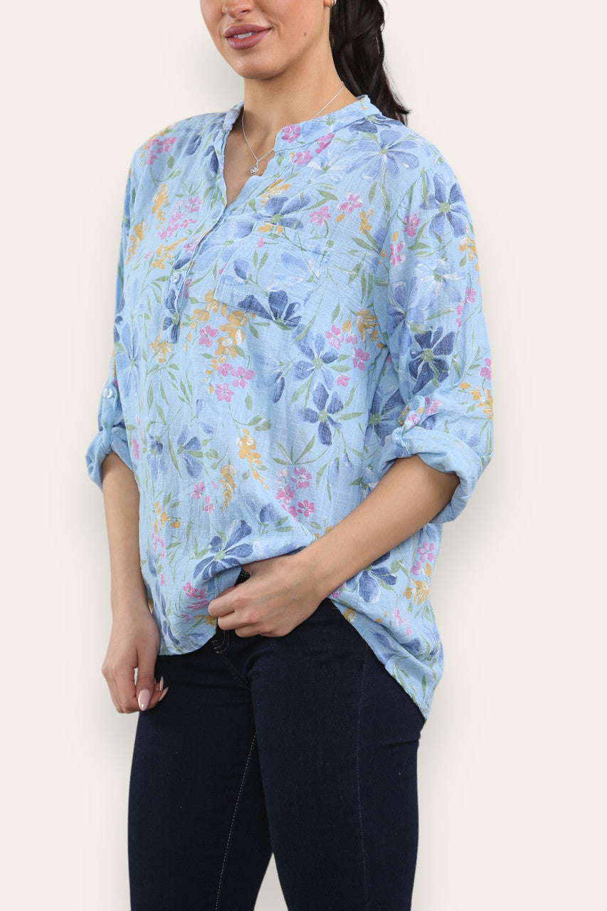 DITSY FLORAL MIX GRANDAD SHIRT BLOUSE - LIGHT BLUE