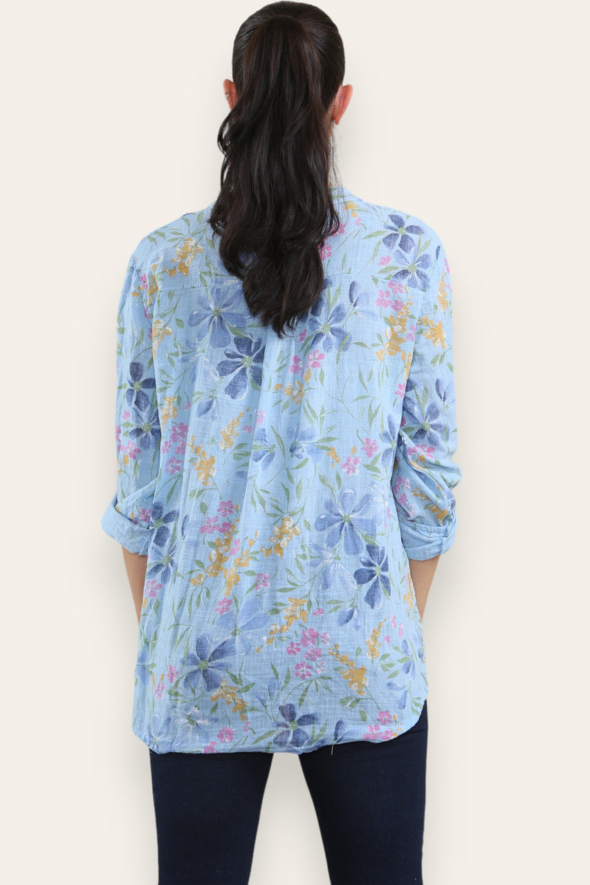 DITSY FLORAL MIX GRANDAD SHIRT BLOUSE - LIGHT BLUE