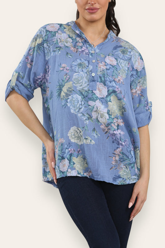 FADED FLORAL BOUQUET PRINT GRANDAD SHIRT BLOUSE DENIM