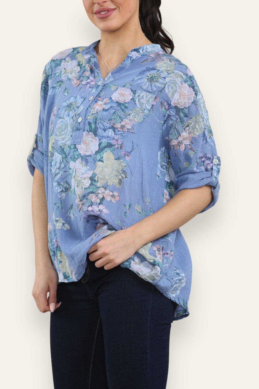 VERVAAGDE BLOEMENBOEKETPRINT GRANDAD SHIRT BLOUSE DENIM