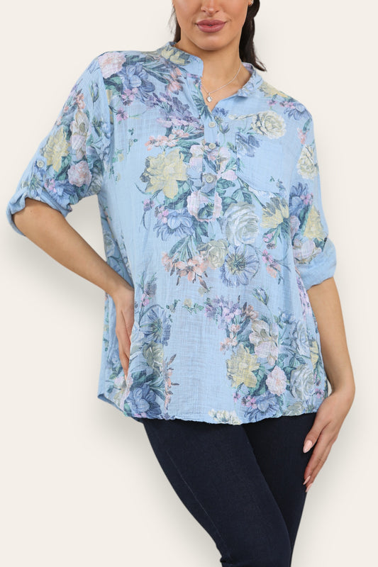 FADED FLORAL BOUQUET PRINT GRANDAD SHIRT BLOUSE LIGHT BLUE