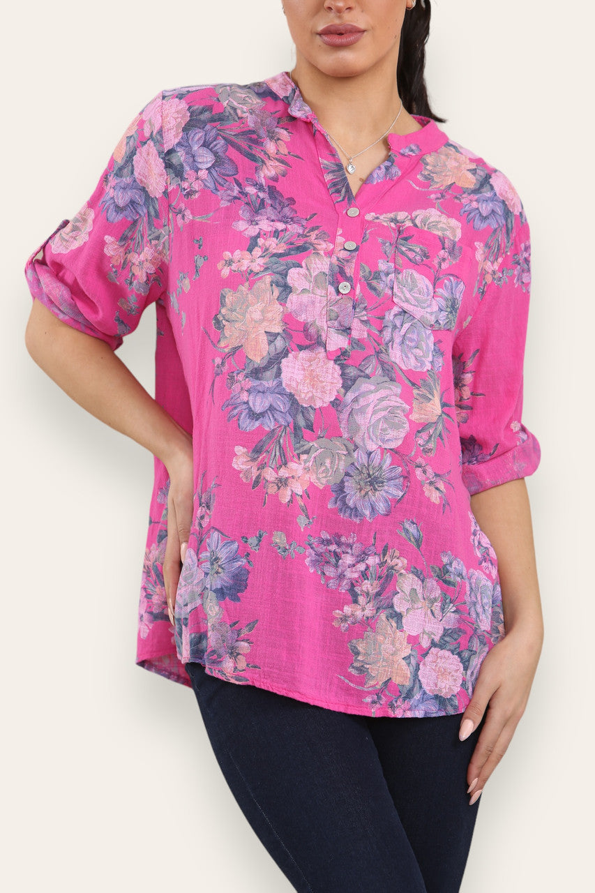 FADED FLORAL BOUQUET PRINT GRANDAD SHIRT BLOUSE CERISE