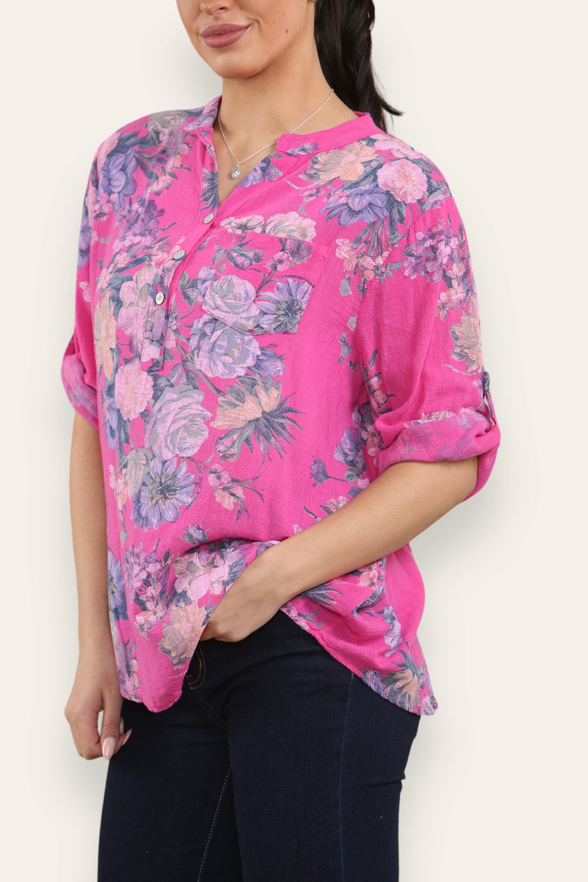 FADED FLORAL BOUQUET PRINT GRANDAD SHIRT BLOUSE CERISE