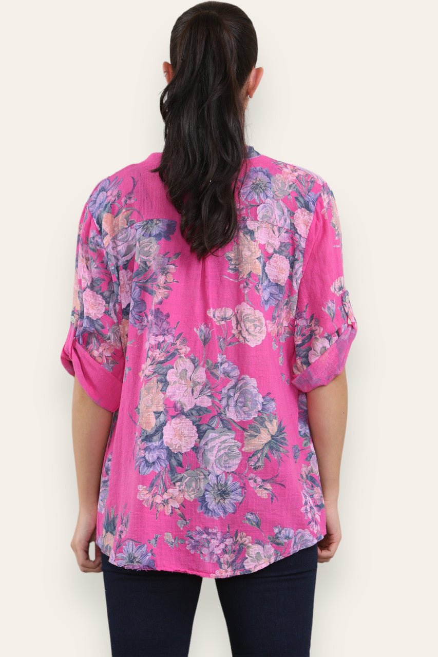 FADED FLORAL BOUQUET PRINT GRANDAD SHIRT BLOUSE CERISE