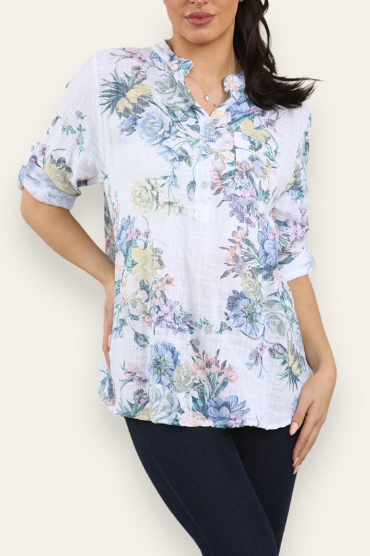 FADED FLORAL BOUQUET PRINT GRANDAD SHIRT BLOUSE WHITE