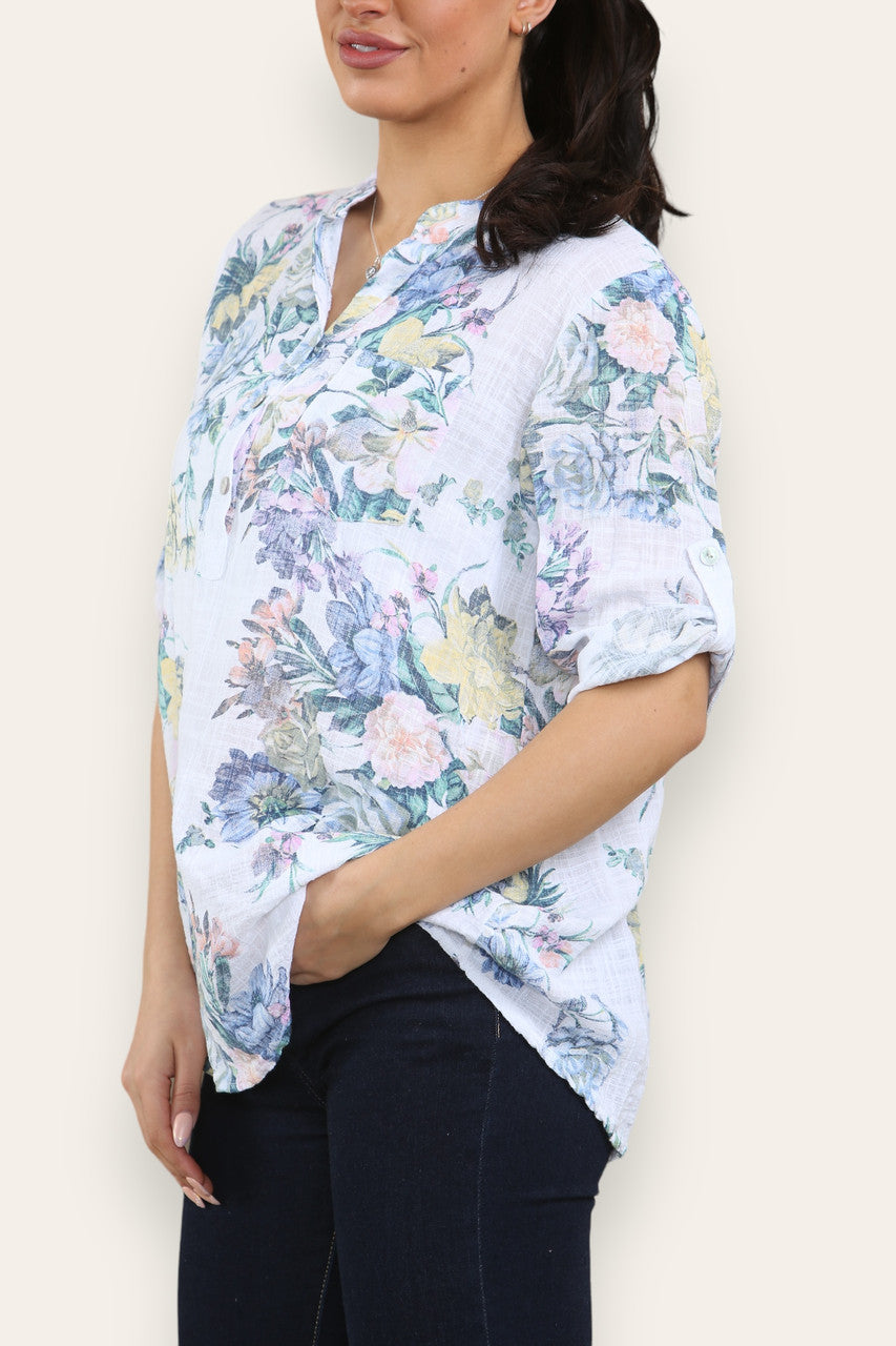 GEVAAIDE GEBLOEMDE BOEKET PRINT GROOTVADER OVERHEMD BLOUSE WIT