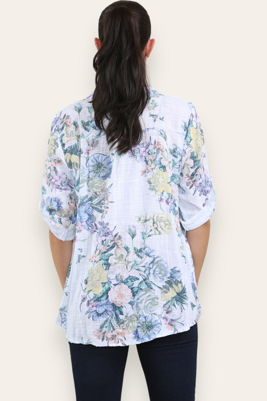 GEVAAIDE GEBLOEMDE BOEKET PRINT GROOTVADER OVERHEMD BLOUSE WIT
