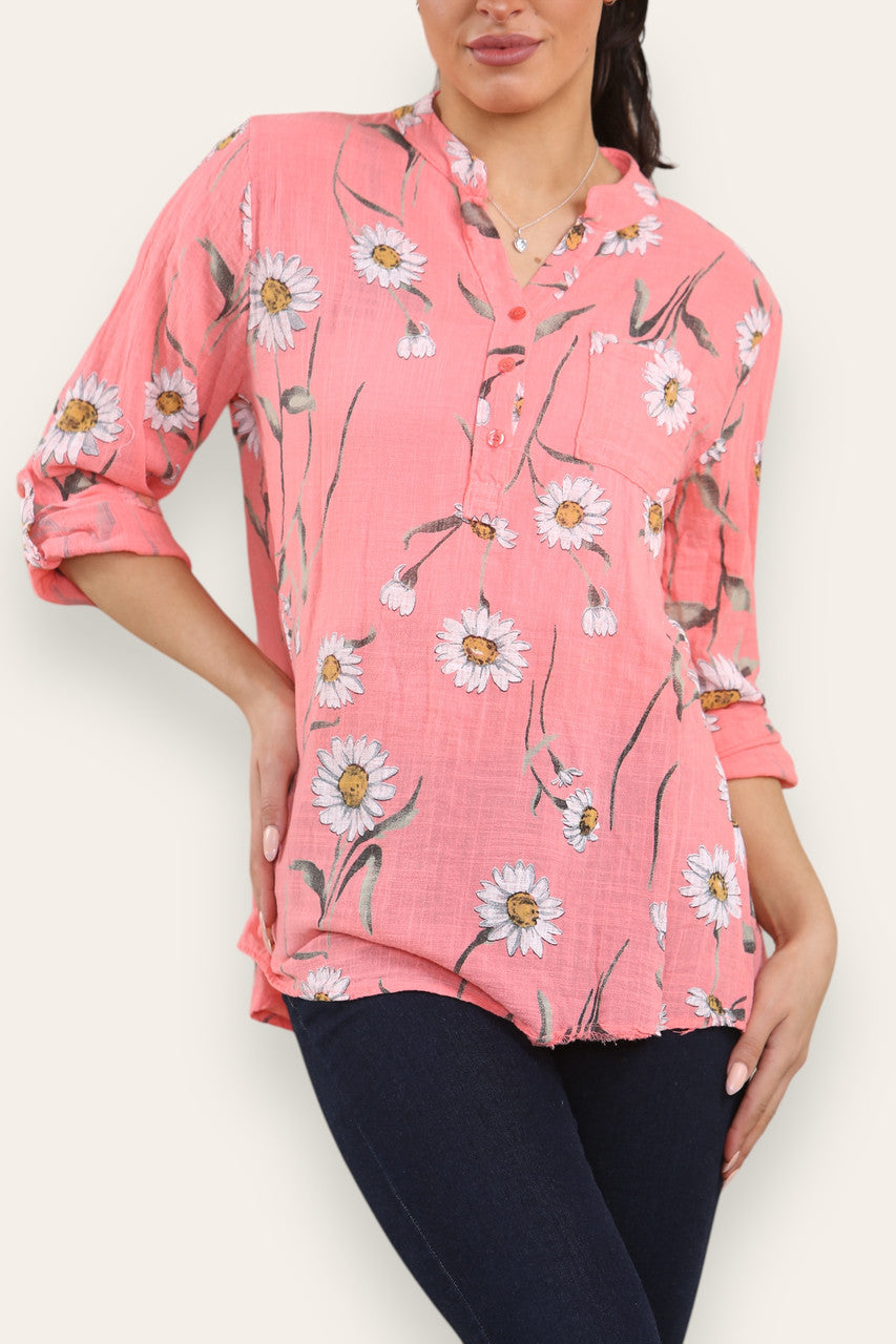DAISY FLORAL MIX GRANDAD SHIRT BLOUSE CORAL