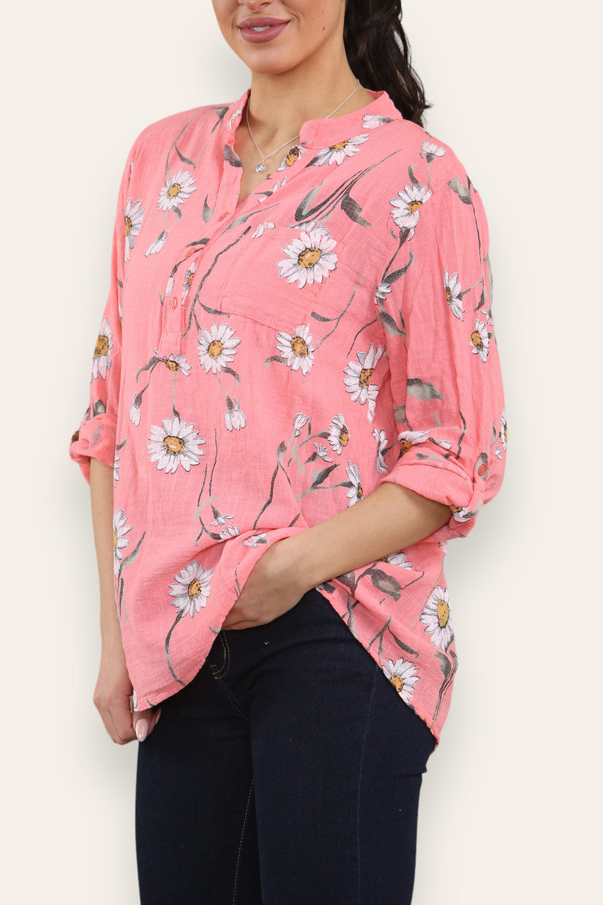 DAISY FLORAL MIX GRANDAD SHIRT BLOUSE CORAL