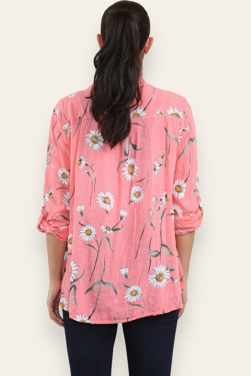 DAISY FLORAL MIX GRANDAD SHIRT BLOUSE CORAL