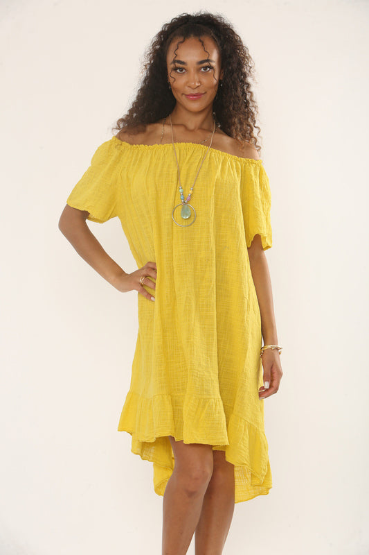 BARDOT FRILL HEM DRESS WITH NECKLACE - MUSTARD