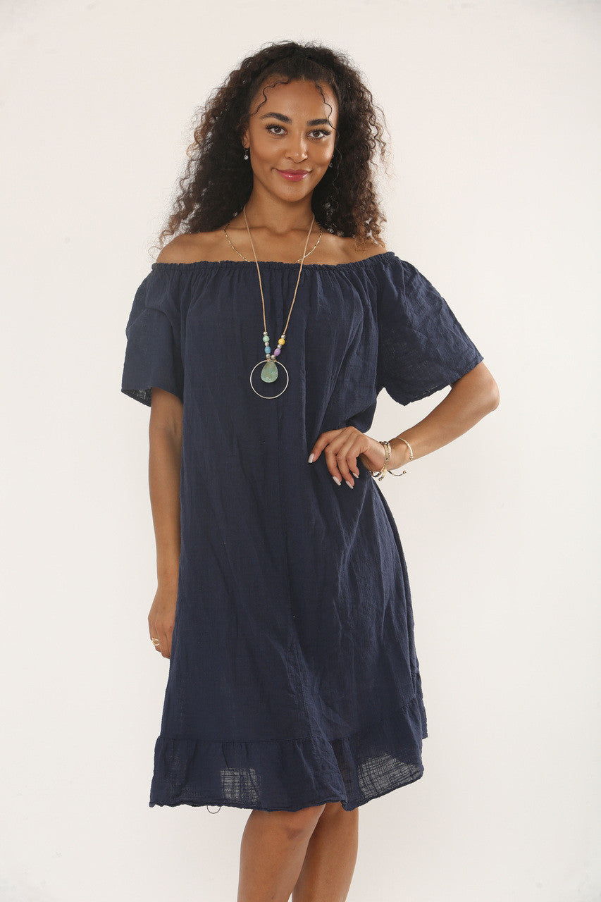 BARDOT JURK MET RUFFELZOOM EN KETTING - MARINEBLAUW