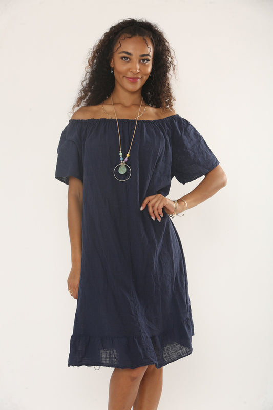 BARDOT FRILL HEM DRESS WITH NECKLACE - NAVY
