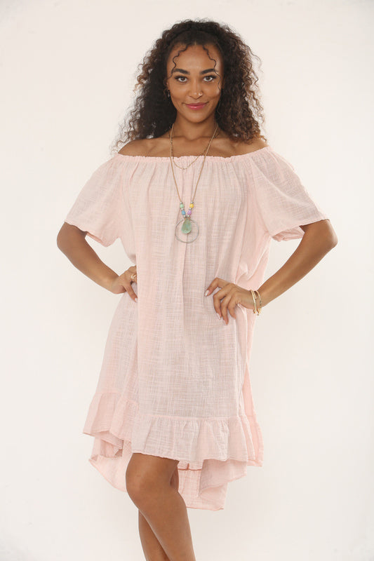 BARDOT FRILL HEM DRESS WITH NECKLACE - PINK