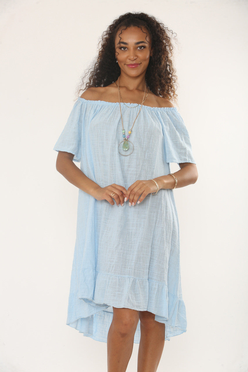 BARDOT FRILL HEM DRESS WITH NECKLACE - LIGHT BLUE