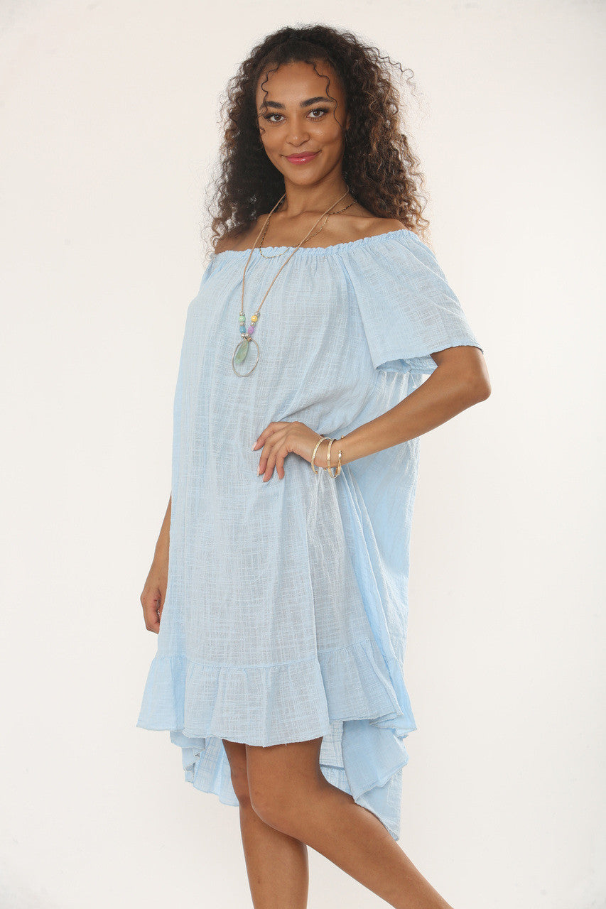 BARDOT FRILL HEM DRESS WITH NECKLACE - LIGHT BLUE