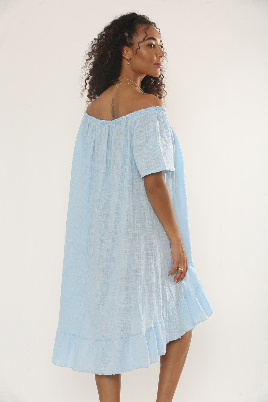 BARDOT FRILL HEM DRESS WITH NECKLACE - LIGHT BLUE
