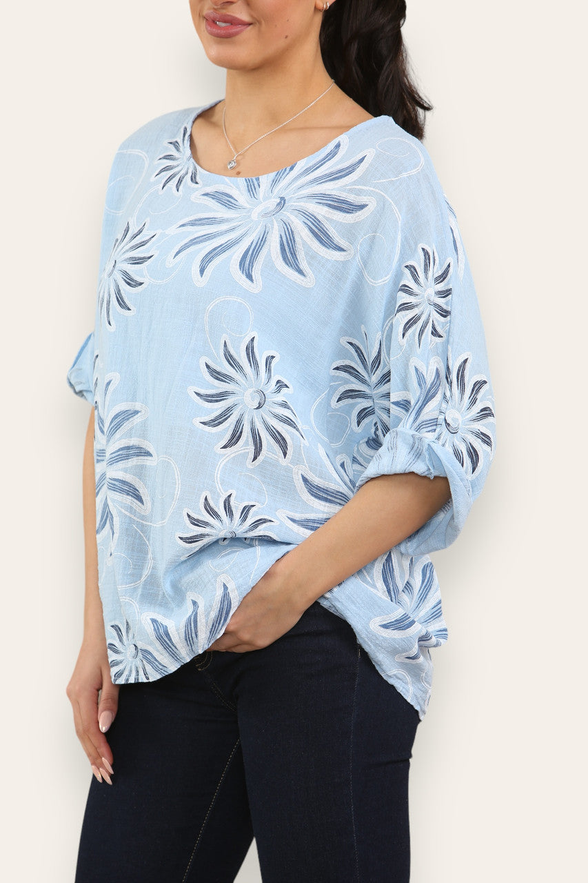 SWIRL SUN PRINT TOP LIGHT BLUE