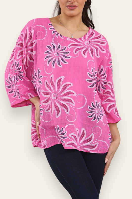 SWIRL SUN PRINT TOP CERISE