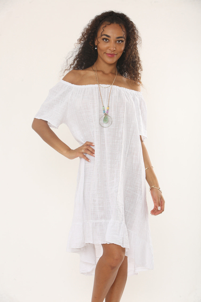 BARDOT JURK MET RUFFELZOOM EN KETTING - WIT