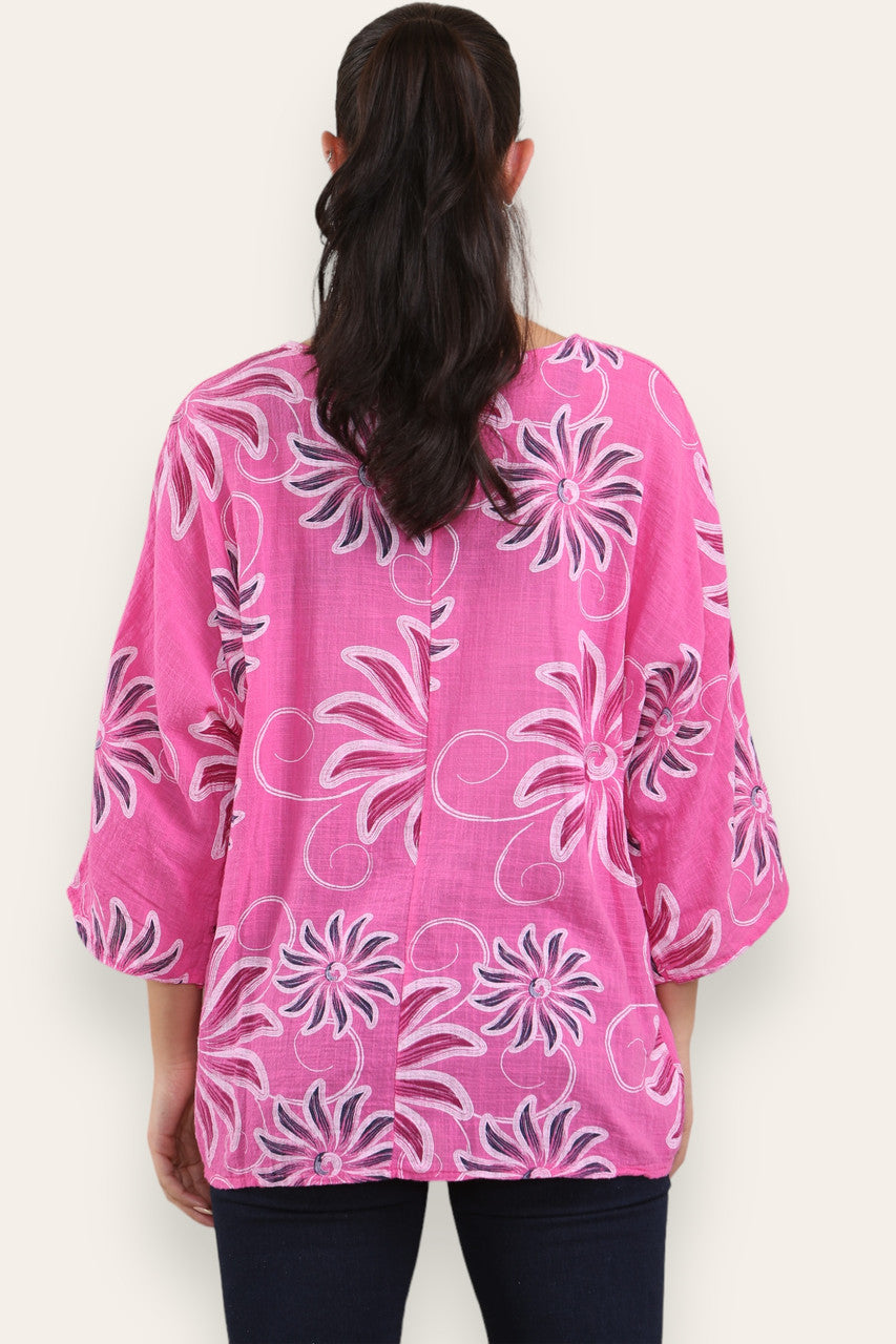 SWIRL SUN PRINT TOP CERISE