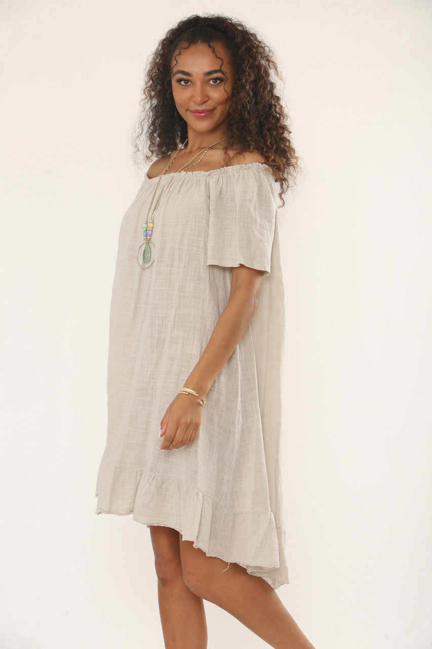 BARDOT FRILL HEM DRESS WITH NECKLACE - STONE