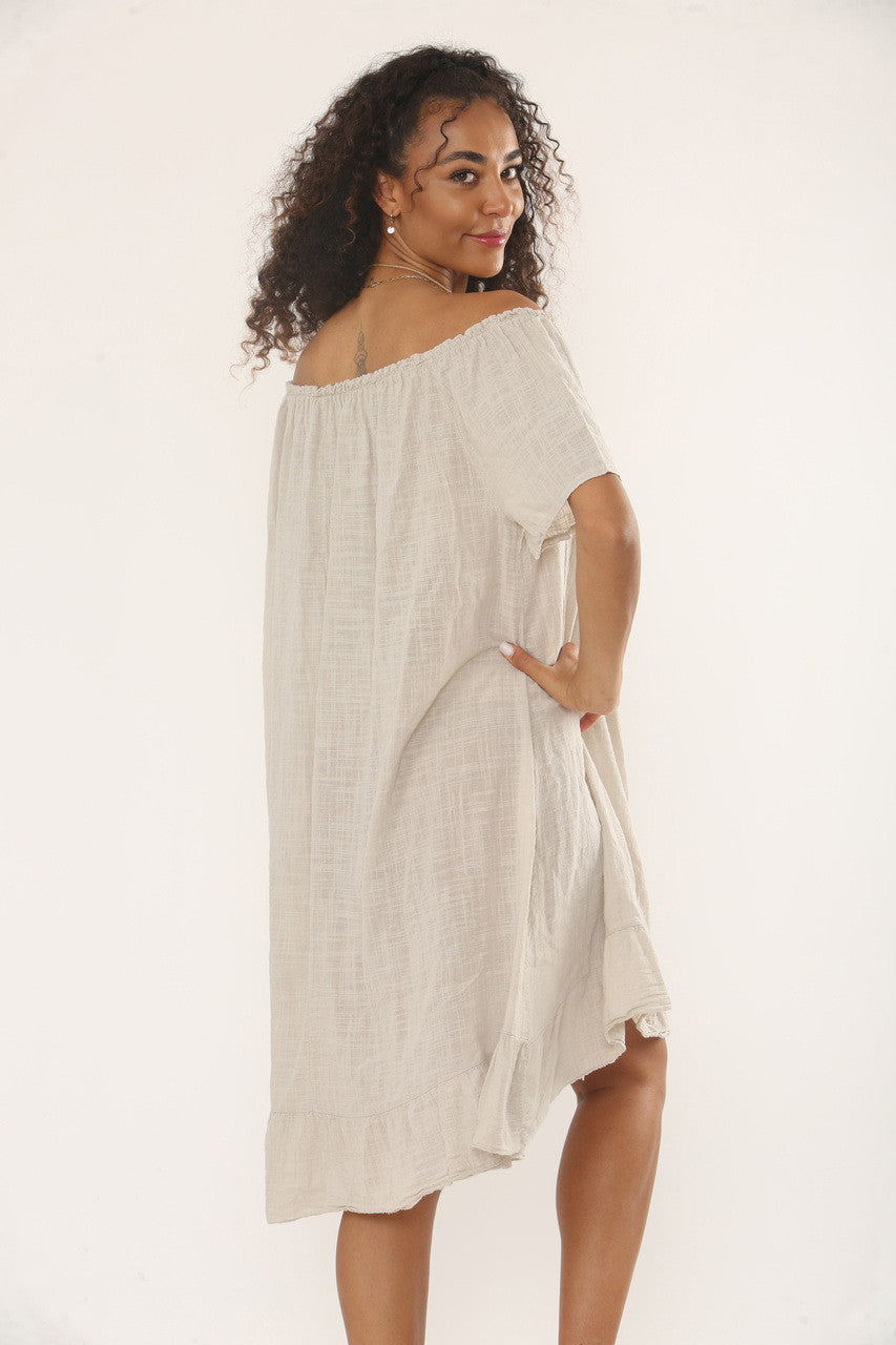 BARDOT FRILL HEM DRESS WITH NECKLACE - STONE