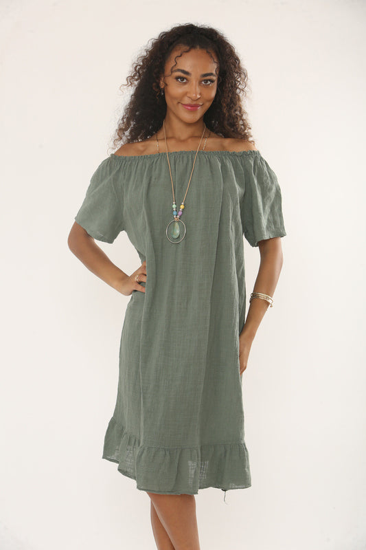 BARDOT FRILL HEM DRESS WITH NECKLACE - KHAKI