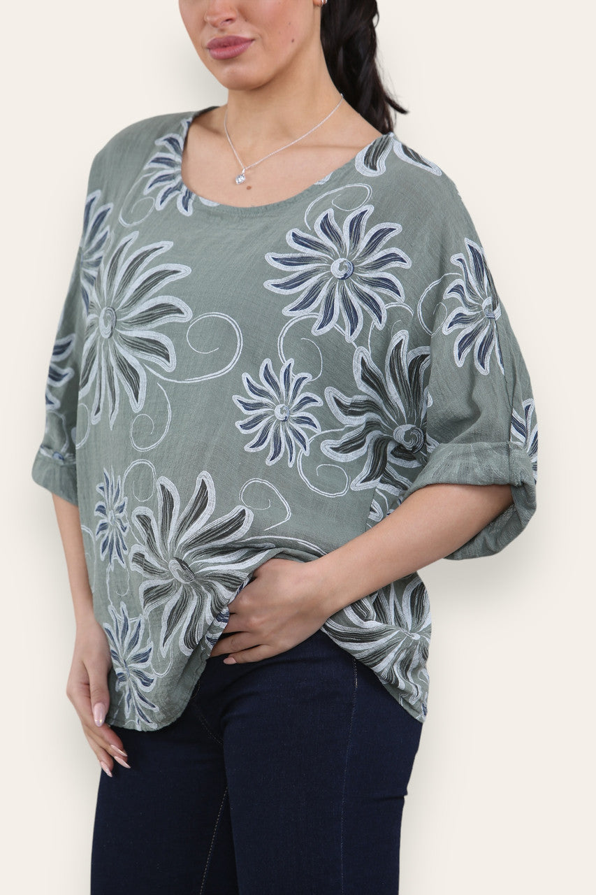SWIRL SUN PRINT TOP KHAKI