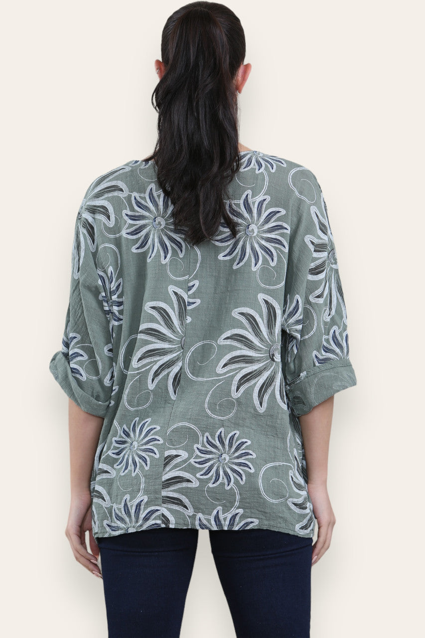 SWIRL SUN PRINT TOP KHAKI