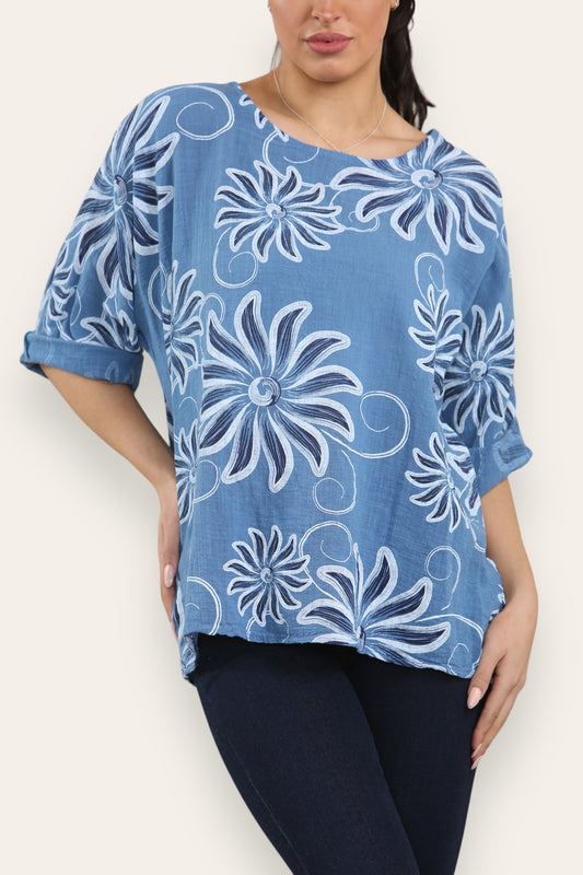 ZWARTELING ZONNENPRINT BOVENSTUK DENIM