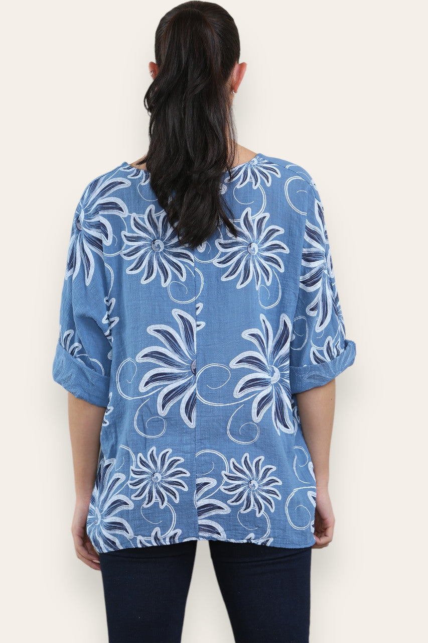 SWIRL SUN PRINT TOP DENIM