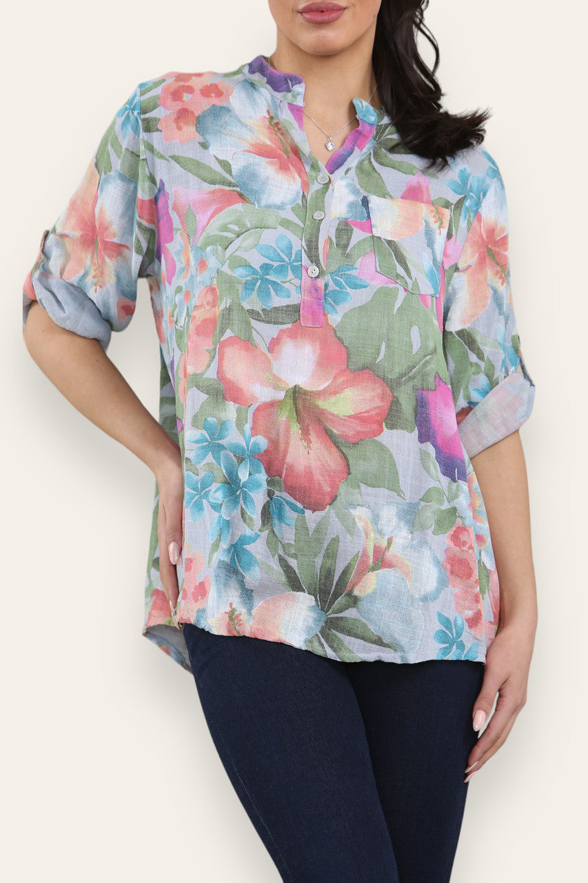 TROPICAL PRINT GRANDAD SHIRT SILVER