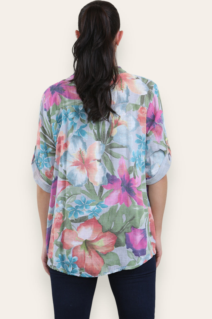 TROPICAL PRINT GRANDAD SHIRT SILVER
