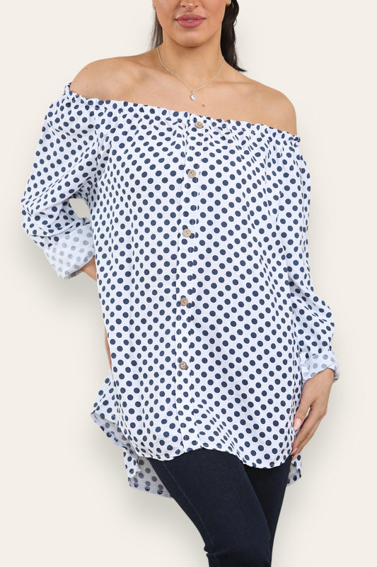 POLKA DOT BUTTON FRONT BARDOT TOP WHITE