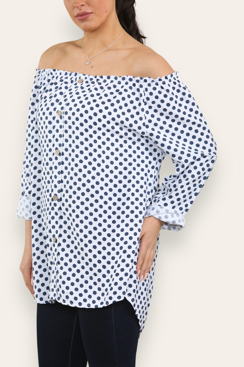 POLKA DOT BUTTON FRONT BARDOT TOP WHITE