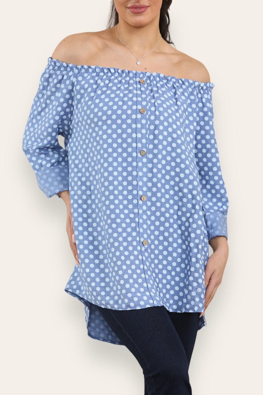 POLKA DOT BUTTON FRONT BARDOT TOP DENIM