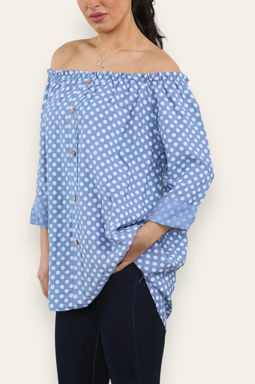 POLKA DOT BUTTON FRONT BARDOT TOP DENIM