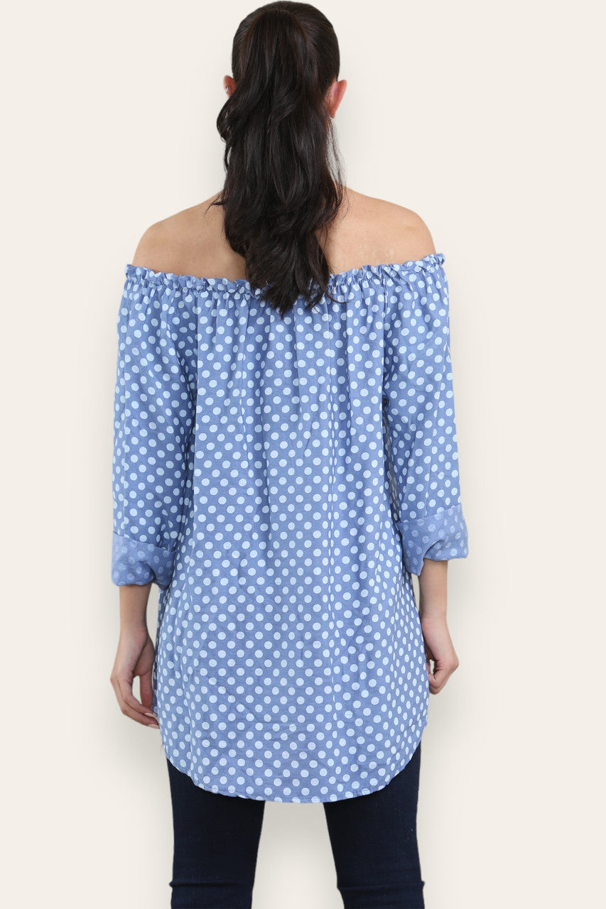 POLKA DOT BUTTON FRONT BARDOT TOP DENIM