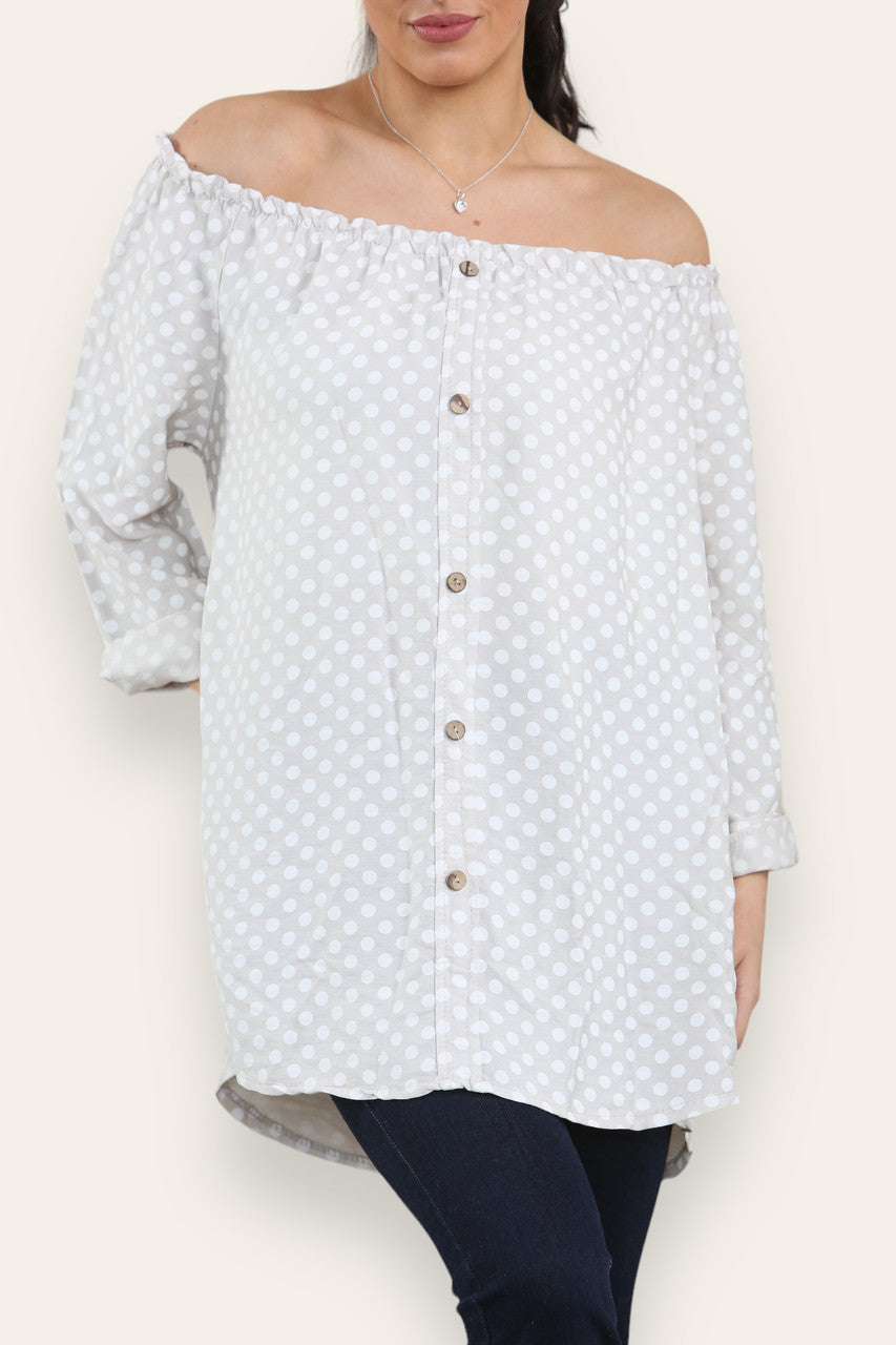 POLKA DOT BUTTON FRONT BARDOT TOP STONE