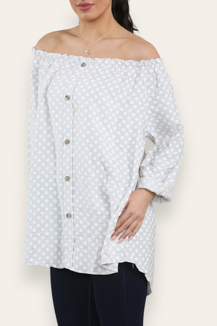 POLKA DOT BUTTON FRONT BARDOT TOP STONE