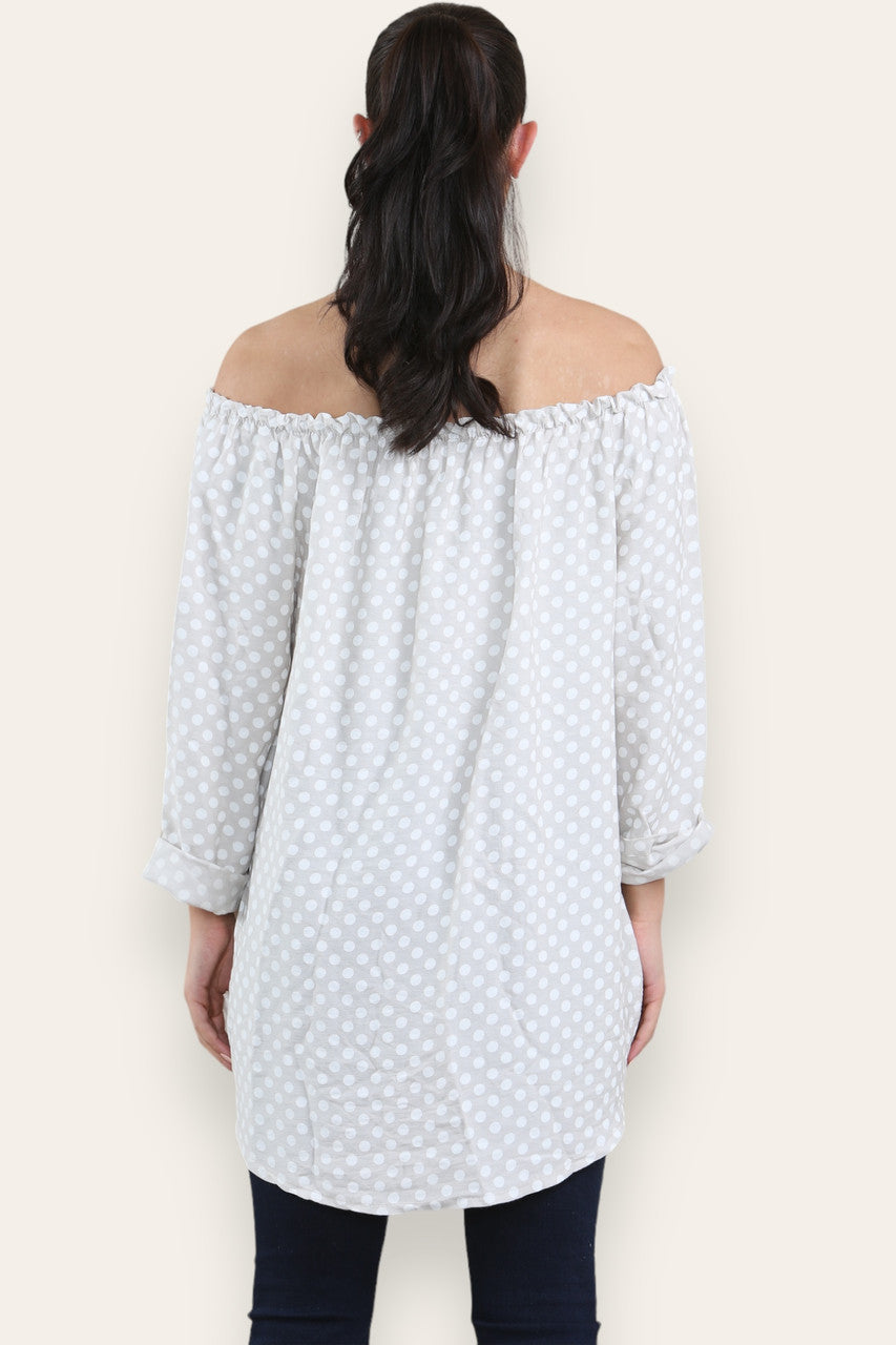 POLKA DOT BUTTON FRONT BARDOT TOP STONE