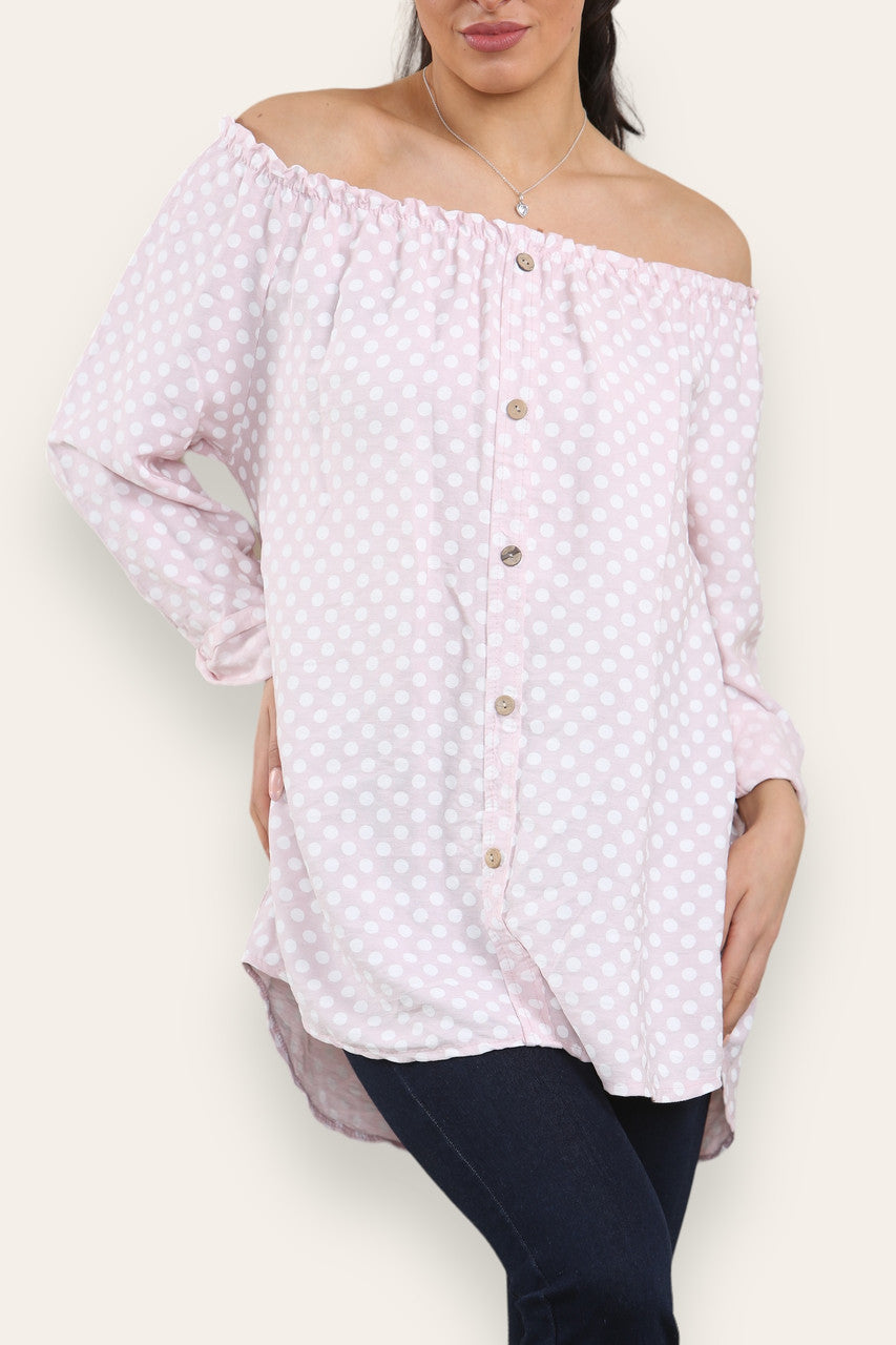 POLKA DOT BUTTON FRONT BARDOT TOP DUSTY PINK