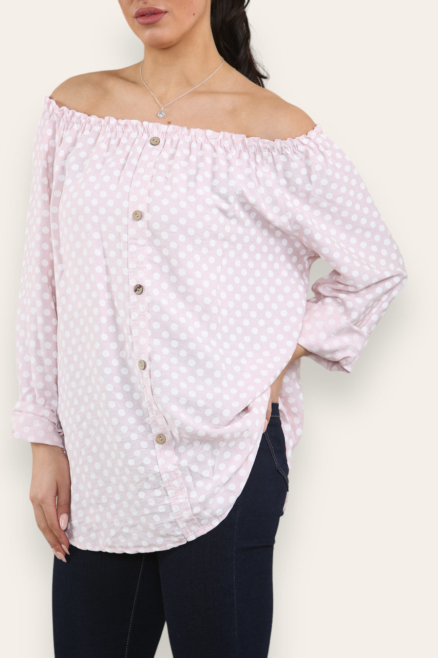 POLKA DOT BUTTON FRONT BARDOT TOP DUSTY PINK