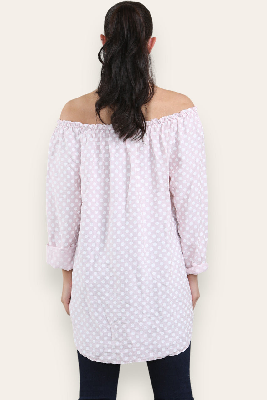 POLKA DOT BUTTON FRONT BARDOT TOP DUSTY PINK
