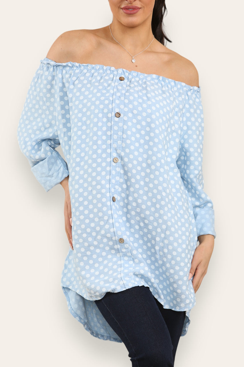 POLKA DOT BUTTON FRONT BARDOT TOP LIGHT BLUE