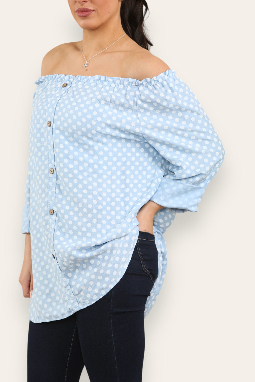 POLKA DOT BUTTON FRONT BARDOT TOP LIGHT BLUE