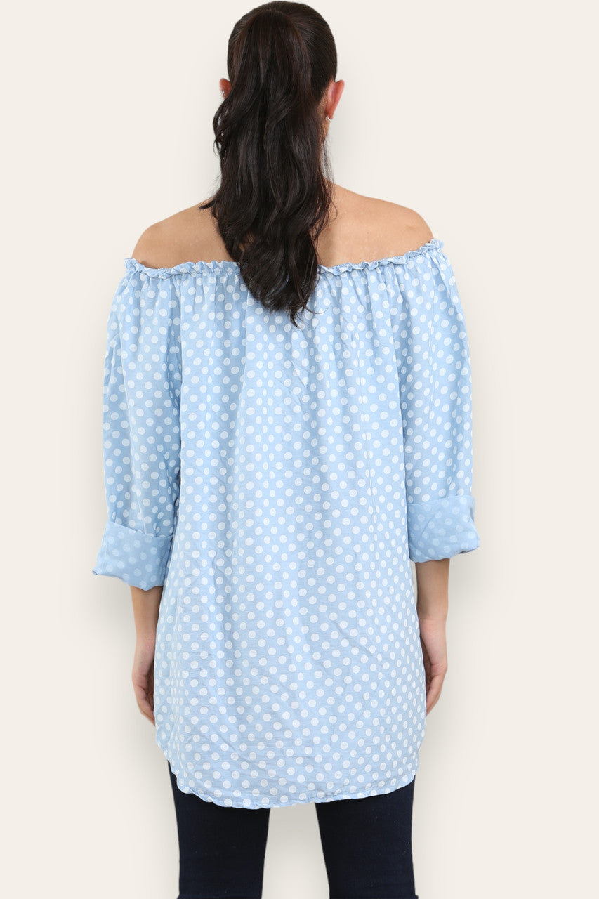 POLKA DOT BUTTON FRONT BARDOT TOP LIGHT BLUE