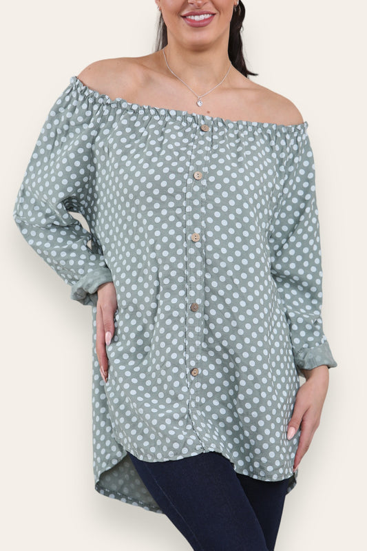 POLKA DOT BUTTON FRONT BARDOT TOP KHAKI