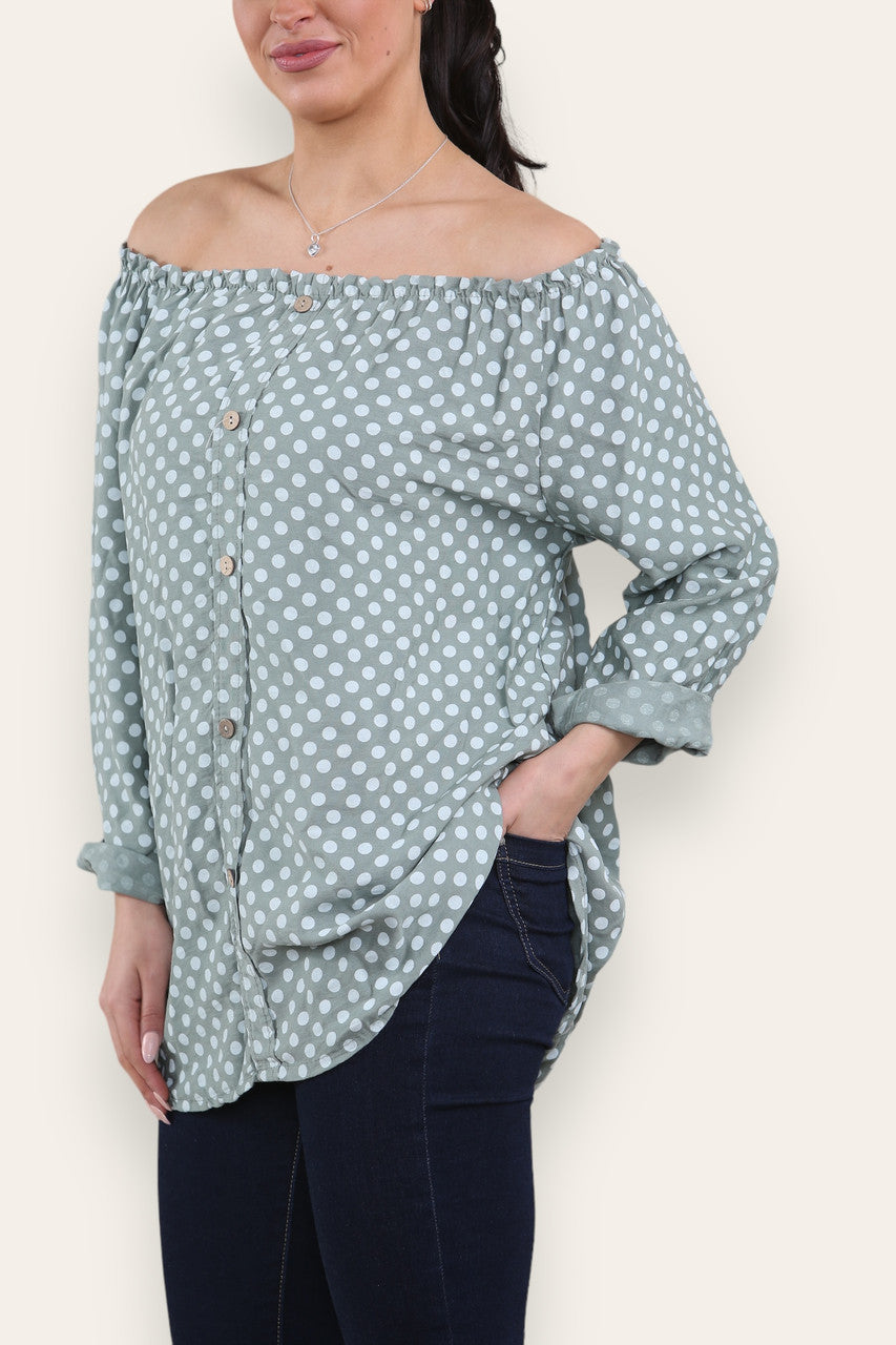 POLKA DOT BUTTON FRONT BARDOT TOP KHAKI